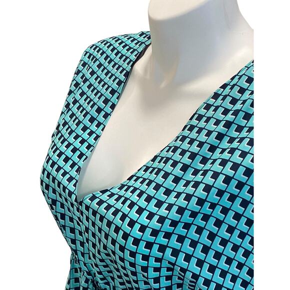 Michael Kors Navy & Aqua Geometric Print Dress, Size Large Elastic Tie Waist EUC - Picture 4 of 9